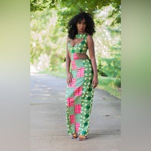African Print Ankara Green Multicolor Mixed Print Handmade Cutout Maxi Dress